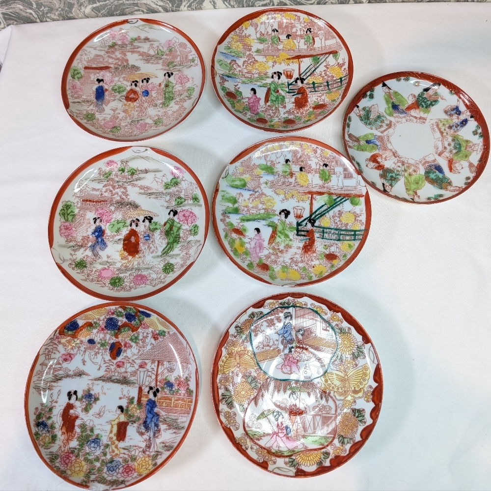 Vintage Japanese Kutani Porcelain Hand Painted Plates Set Of 7